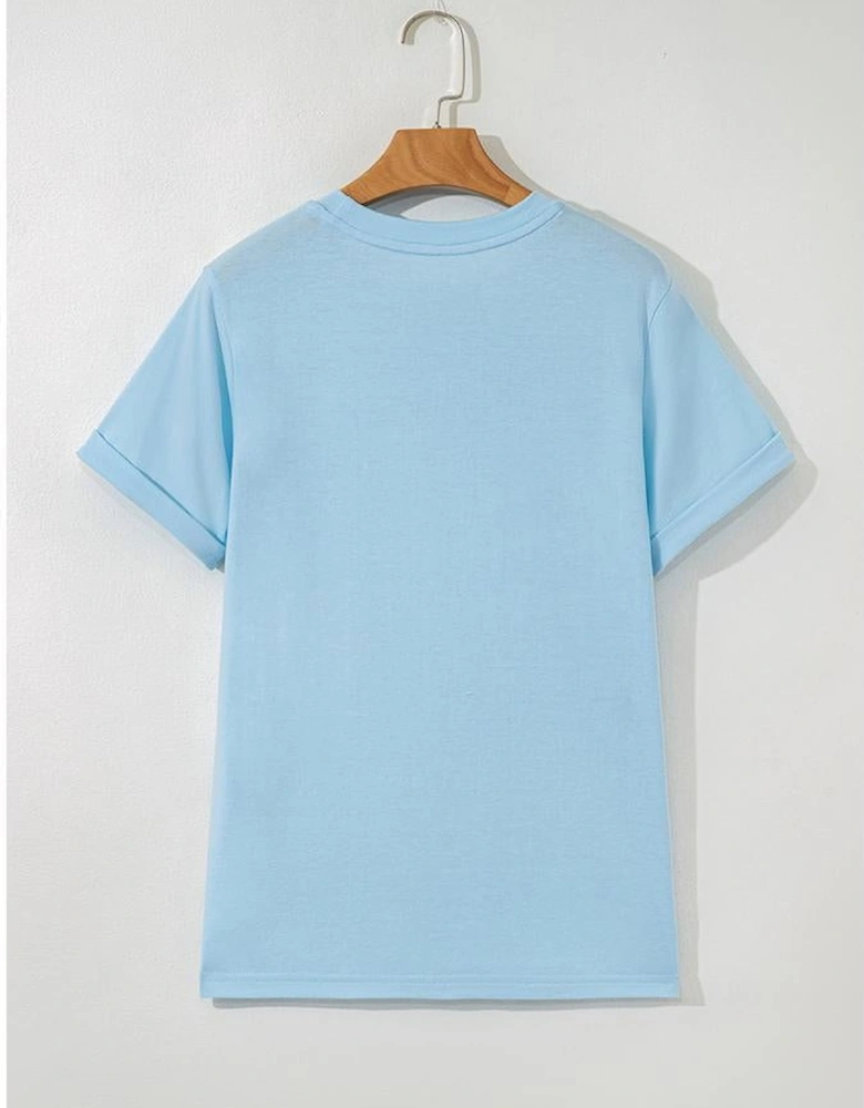 Light Blue Gopher Ball Sequin Patched Casual T Shirt