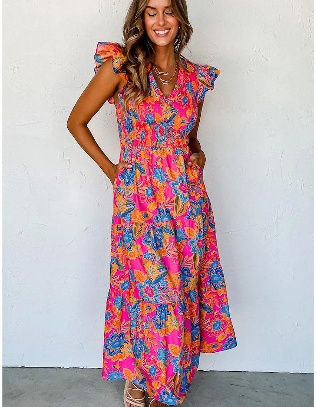 Rose Red Boho Floral V Neck Ruffle Tiered Long Dress