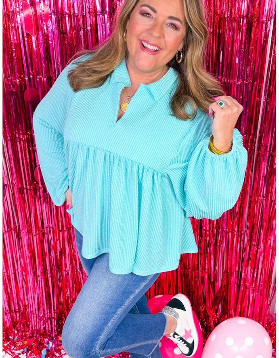Turquoise Cordrd Balloon Sleeve Collar Plus Babydoll Top