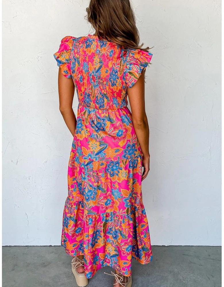 Rose Red Boho Floral V Neck Ruffle Tiered Long Dress