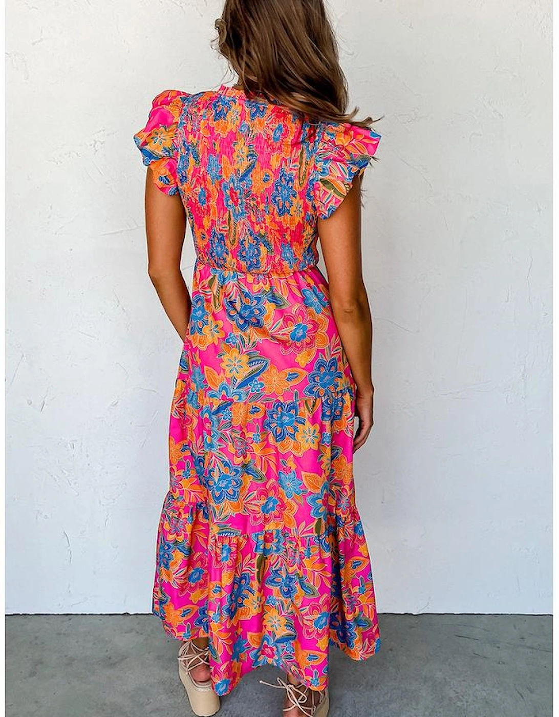 Rose Red Boho Floral V Neck Ruffle Tiered Long Dress