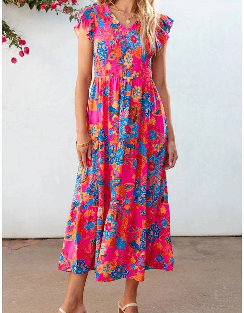 Rose Red Boho Floral V Neck Ruffle Tiered Long Dress