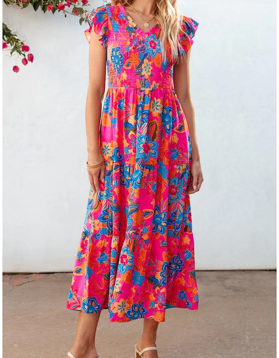 Rose Red Boho Floral V Neck Ruffle Tiered Long Dress