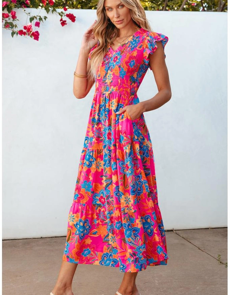 Rose Red Boho Floral V Neck Ruffle Tiered Long Dress