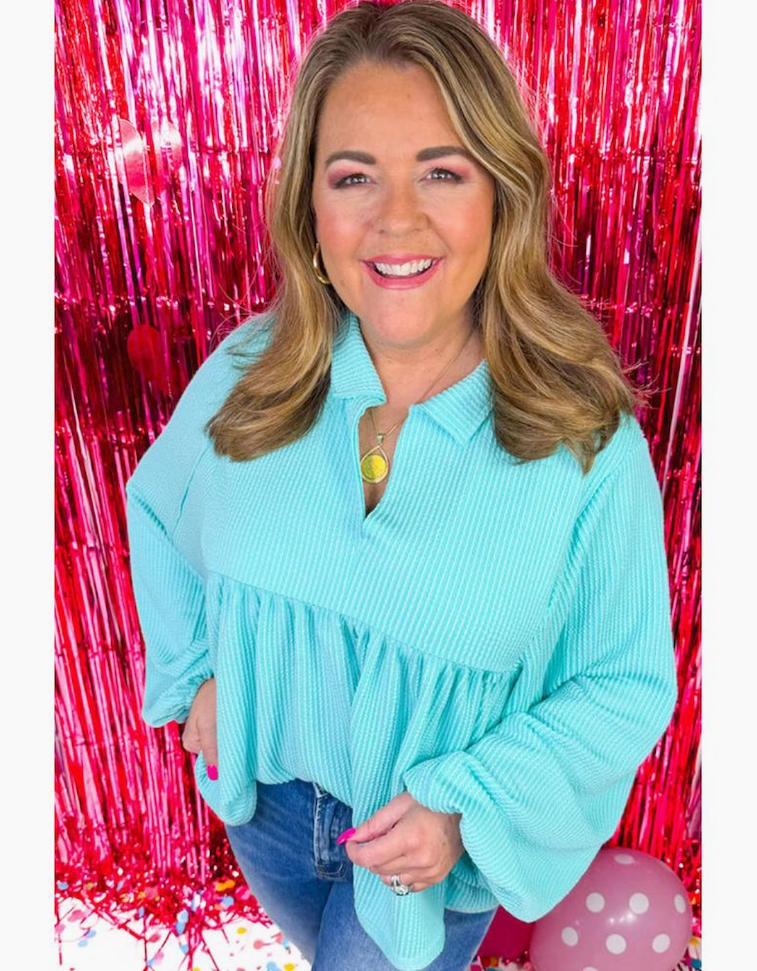 Turquoise Cordrd Balloon Sleeve Collar Plus Babydoll Top