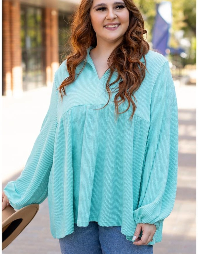 Turquoise Cordrd Balloon Sleeve Collar Plus Babydoll Top