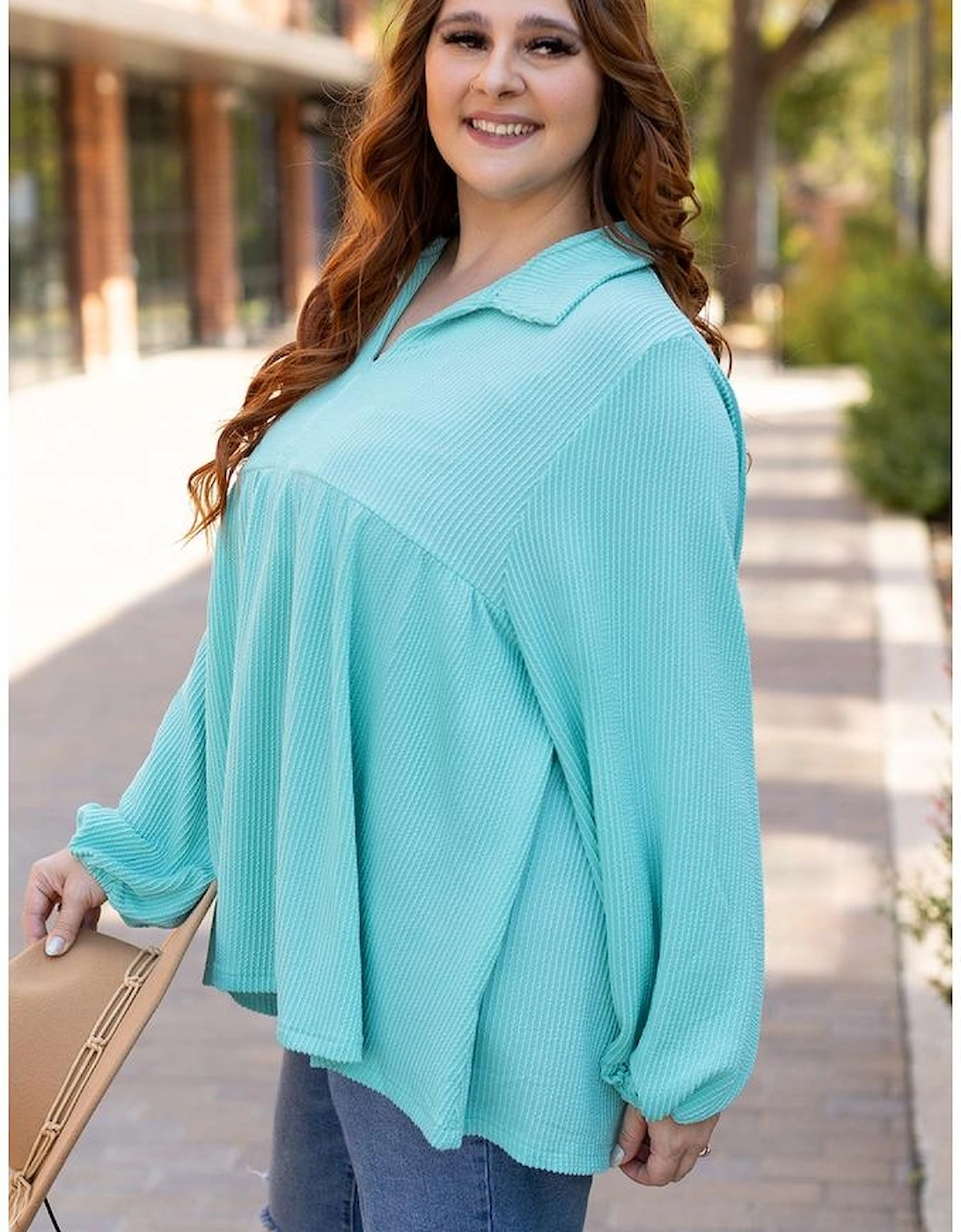 Turquoise Cordrd Balloon Sleeve Collar Plus Babydoll Top