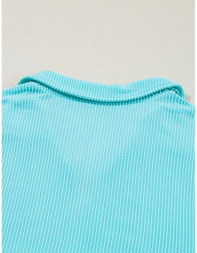 Turquoise Cordrd Balloon Sleeve Collar Plus Babydoll Top