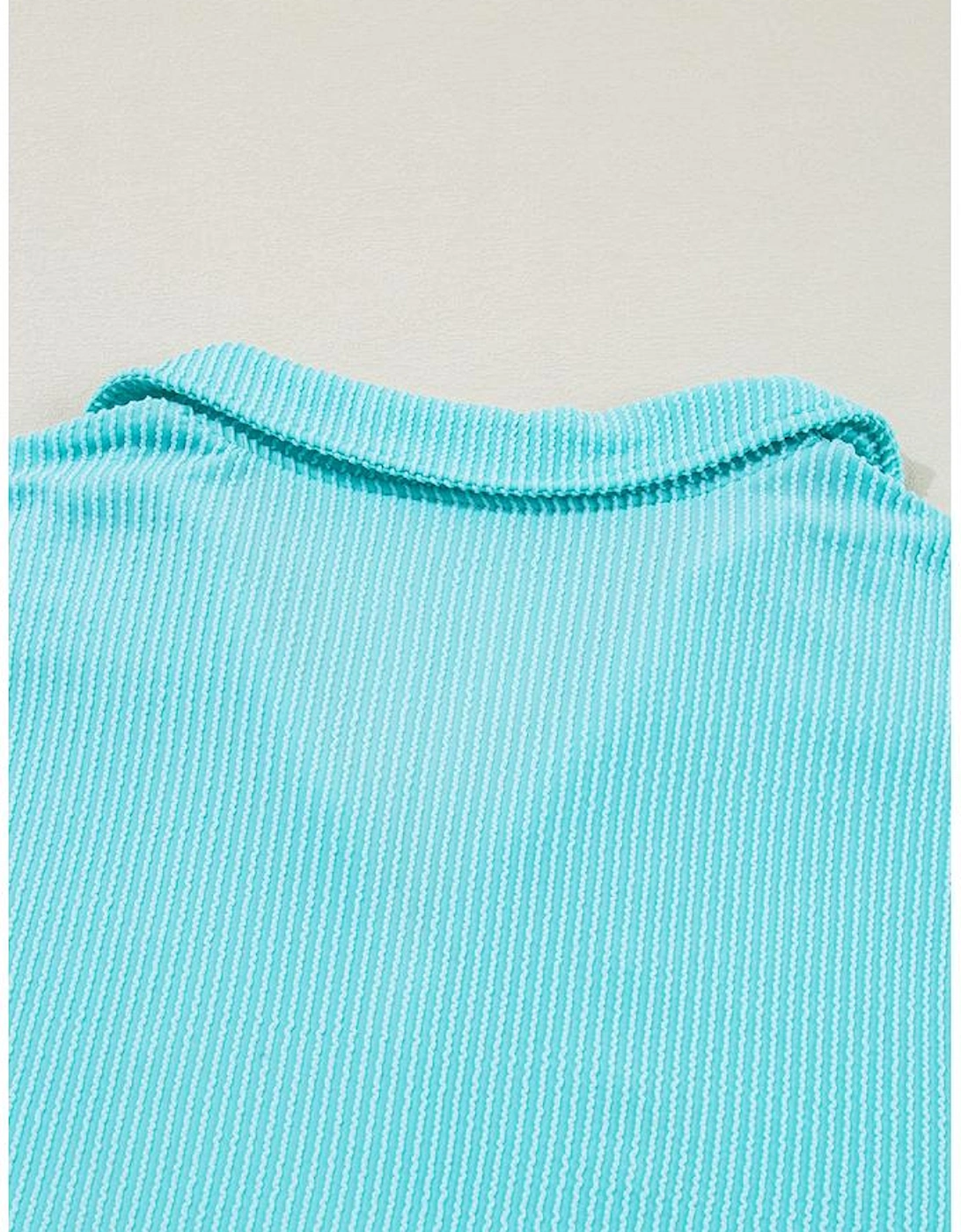 Turquoise Cordrd Balloon Sleeve Collar Plus Babydoll Top