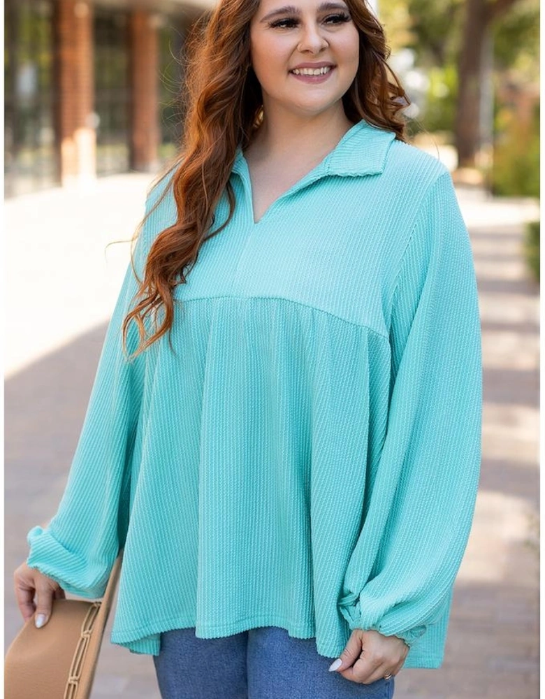 Turquoise Cordrd Balloon Sleeve Collar Plus Babydoll Top