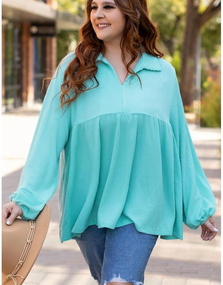 Turquoise Cordrd Balloon Sleeve Collar Plus Babydoll Top
