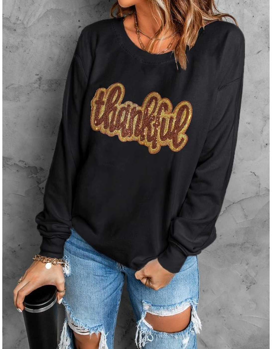 Black Glittering thankful Graphic Drop Shoulder Sweatshirt