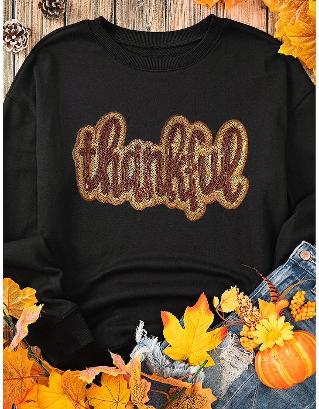 Black Glittering thankful Graphic Drop Shoulder Sweatshirt, 7 of 6