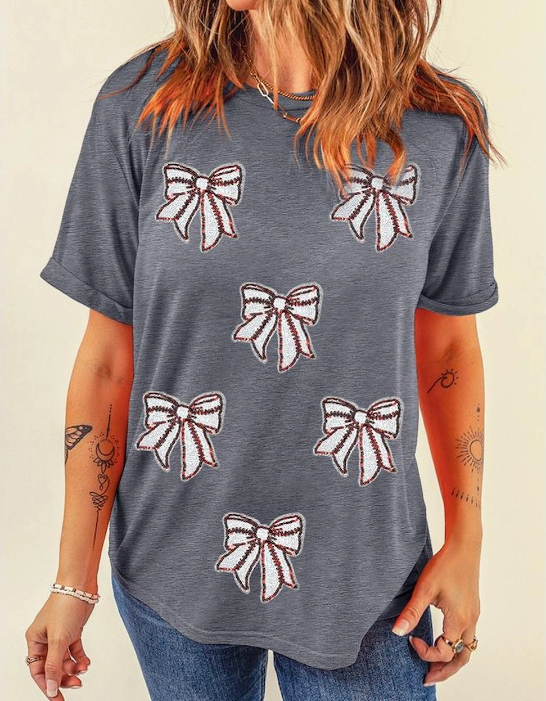 Gray Sequin Bow Baseball Fashion Graphic Tee