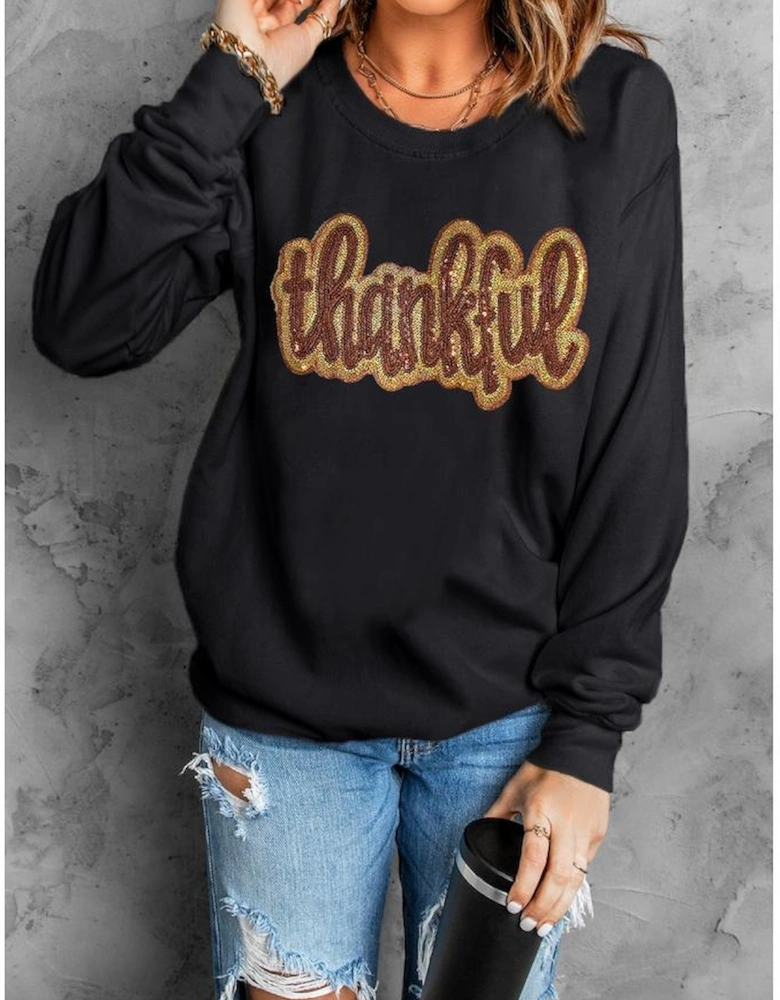 Black Glittering thankful Graphic Drop Shoulder Sweatshirt