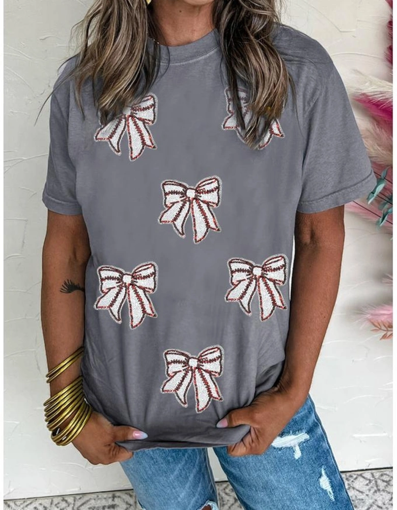 Gray Sequin Bow Baseball Fashion Graphic Tee