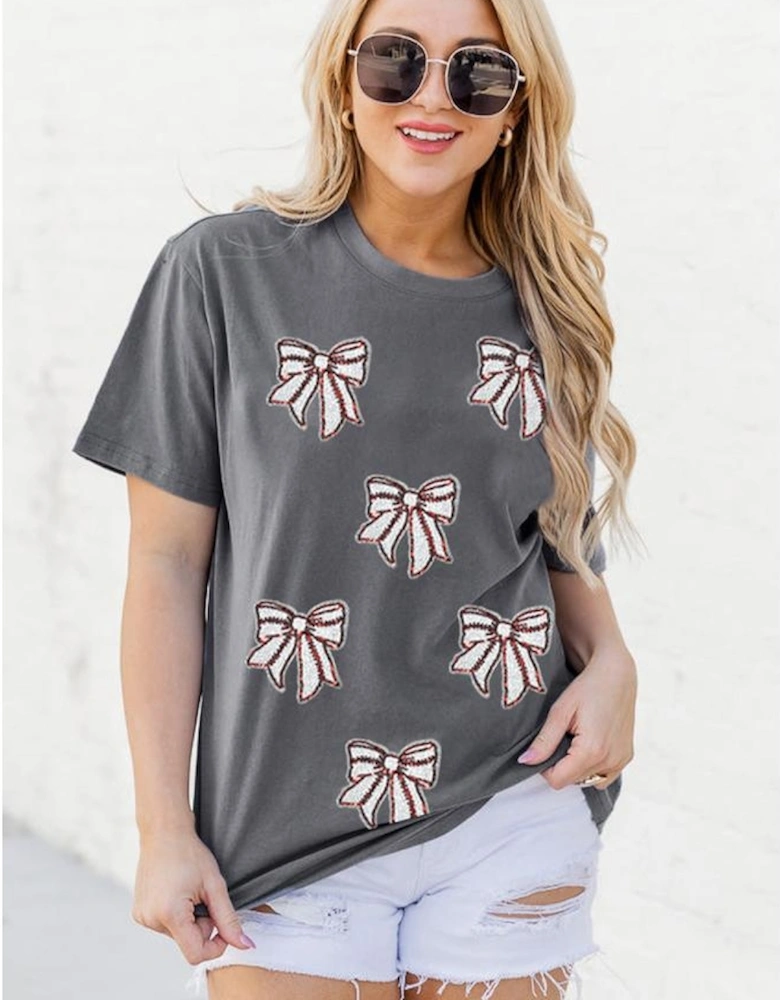 Gray Sequin Bow Baseball Fashion Graphic Tee