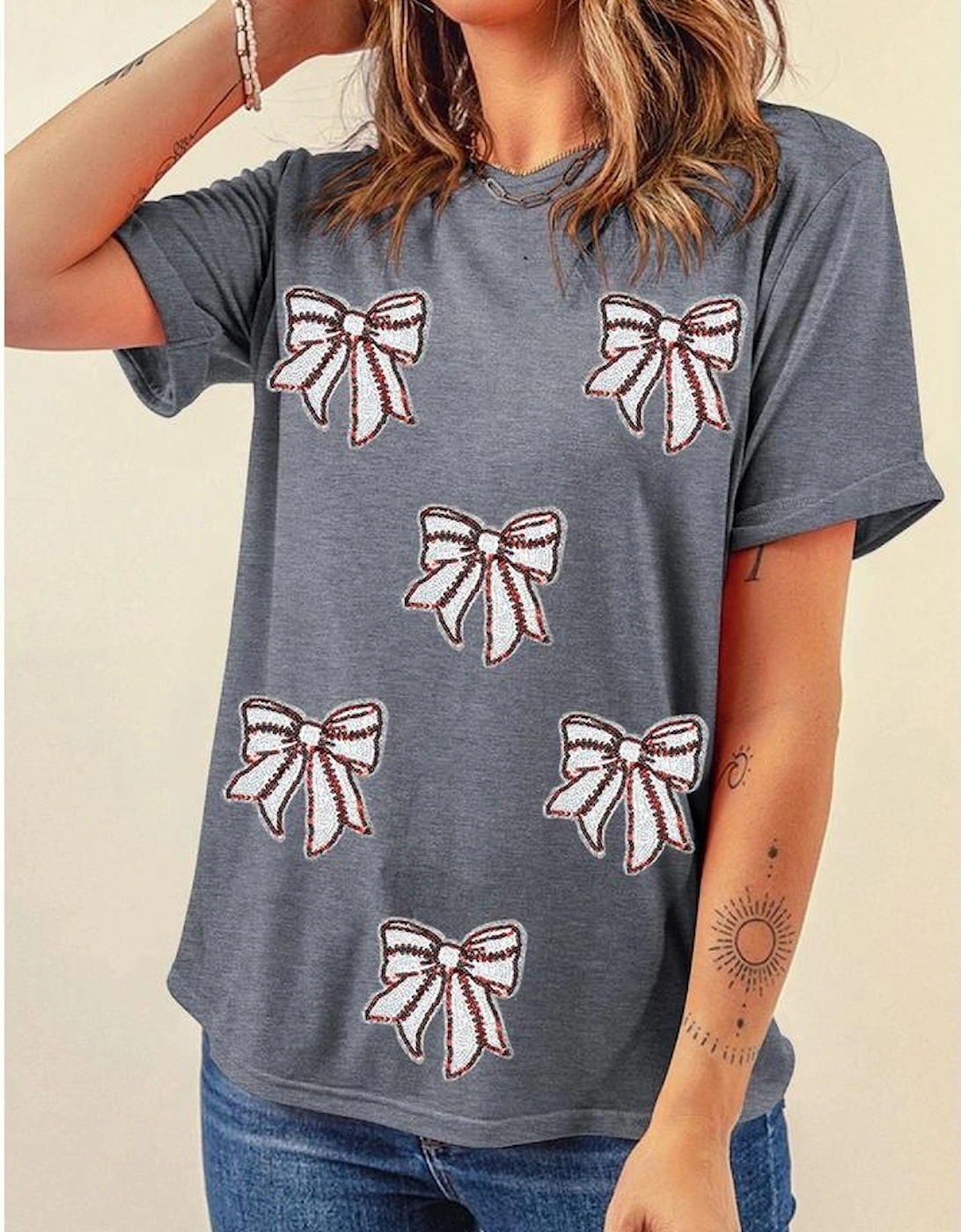 Gray Sequin Bow Baseball Fashion Graphic Tee