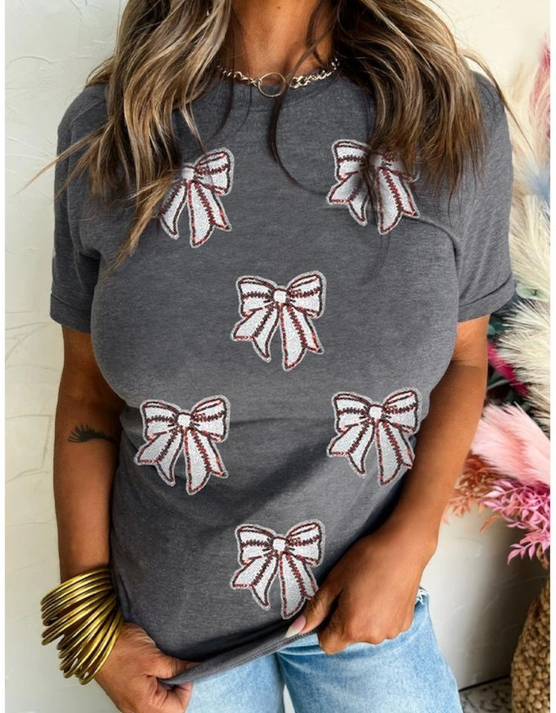 Gray Sequin Bow Baseball Fashion Graphic Tee