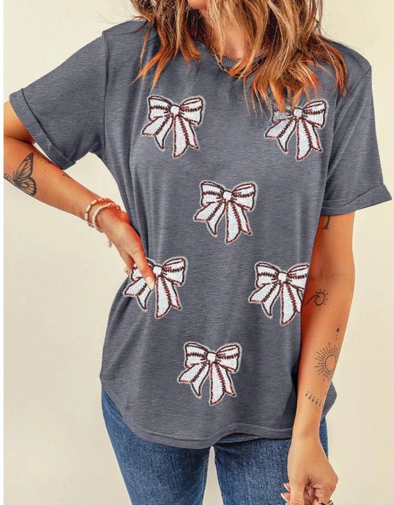 Gray Sequin Bow Baseball Fashion Graphic Tee