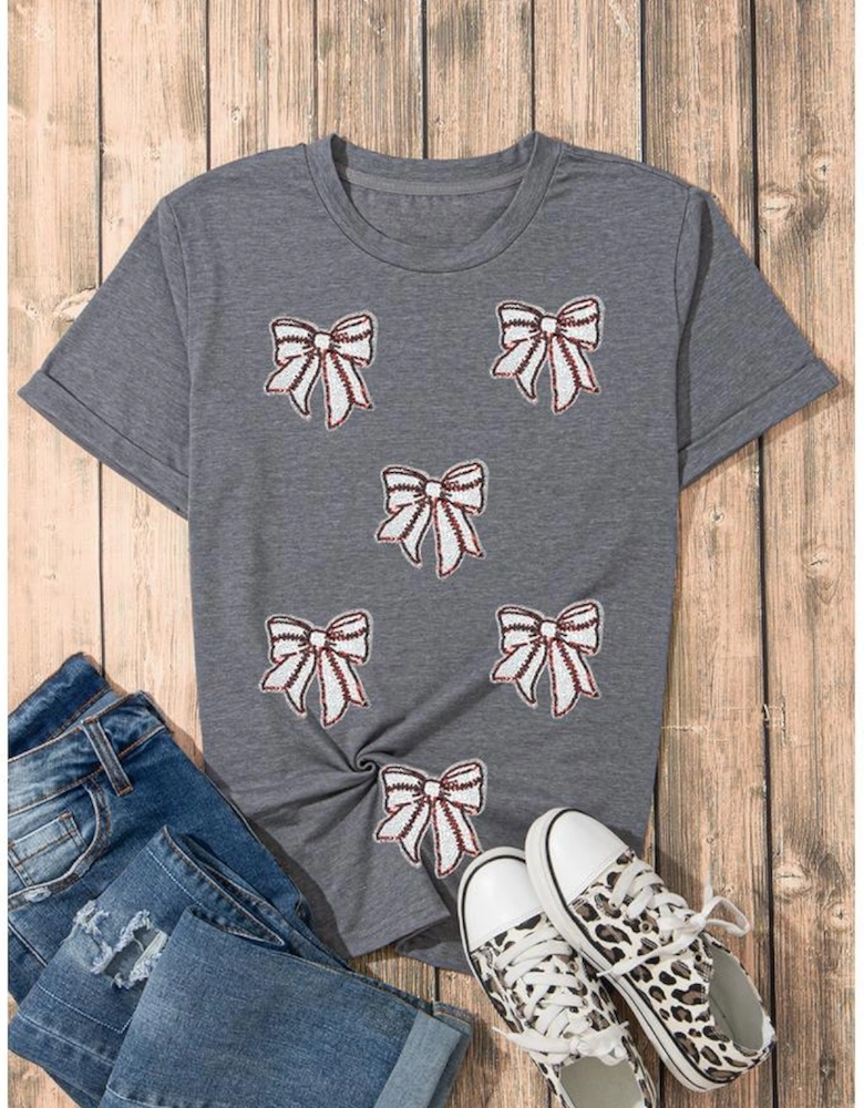 Gray Sequin Bow Baseball Fashion Graphic Tee