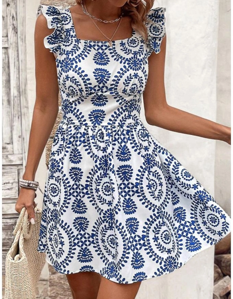 Blue Floral Print Ruffled Tied Backless A-line Mini Dress