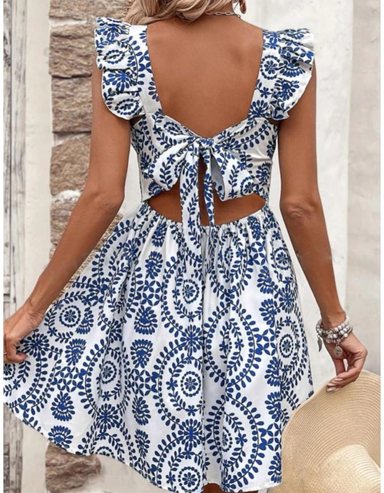 Blue Floral Print Ruffled Tied Backless A-line Mini Dress