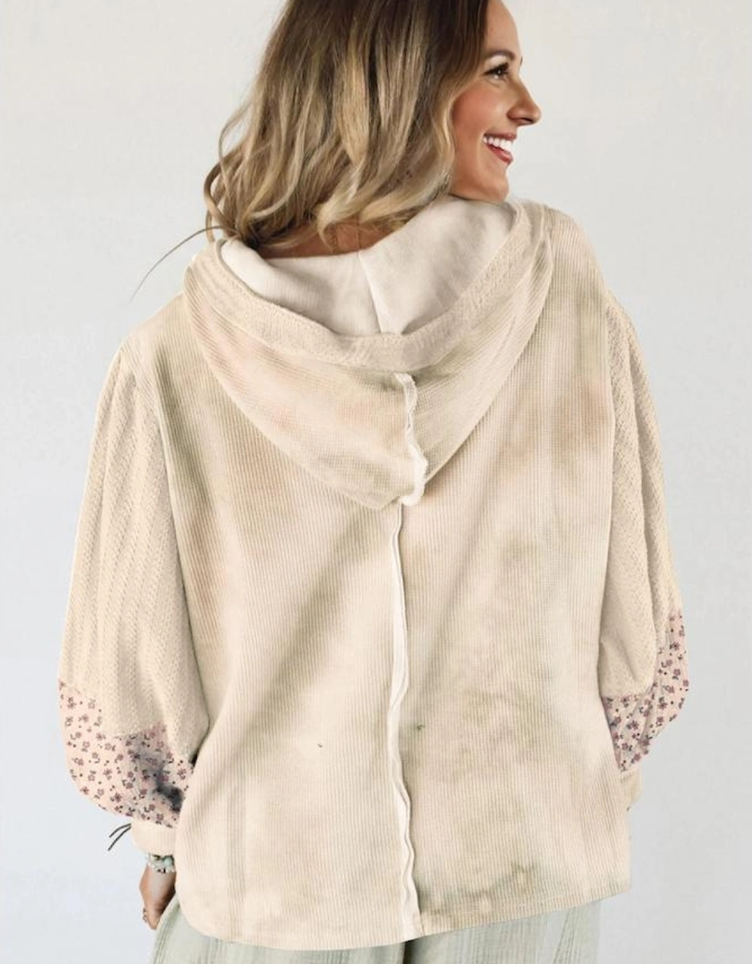 Beige Floral Patched Waffle Textured Colorblock V Neck Casual Hooded Top, 4 of 3