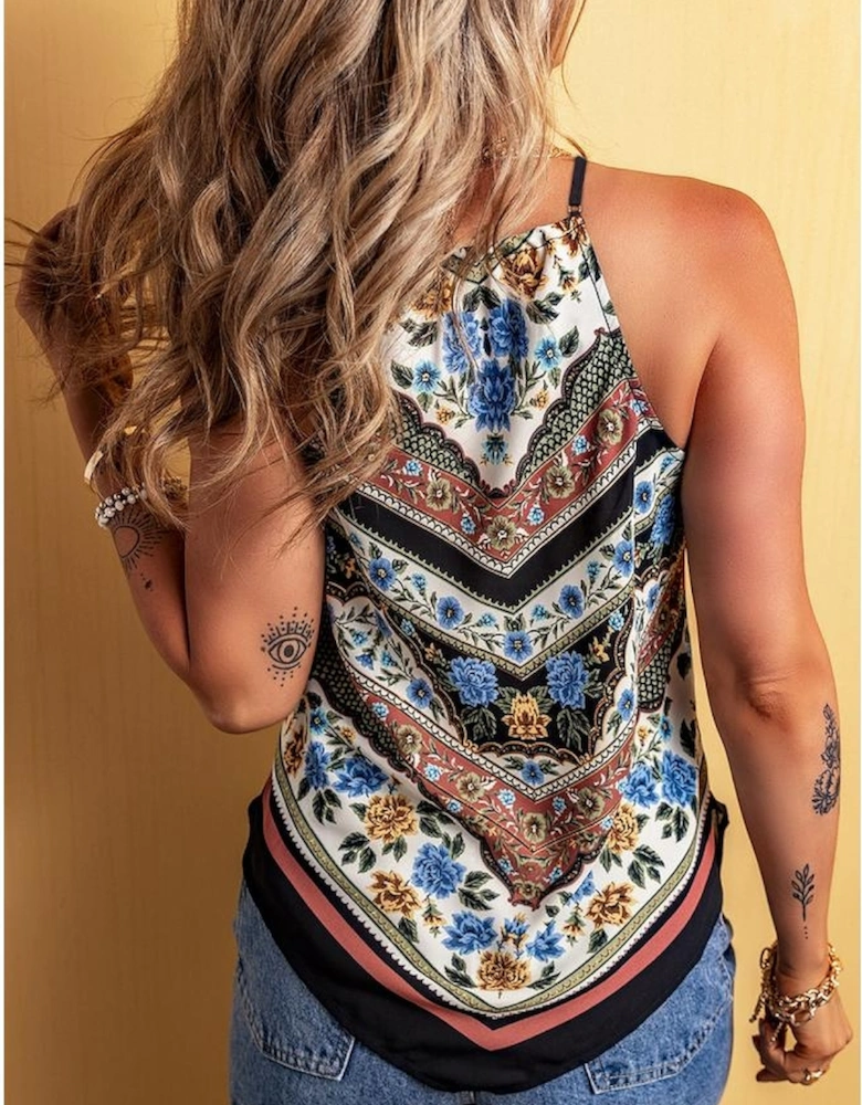 Red Mixed Floral Chevron Pattern Dip Hem Spaghetti Straps Tank