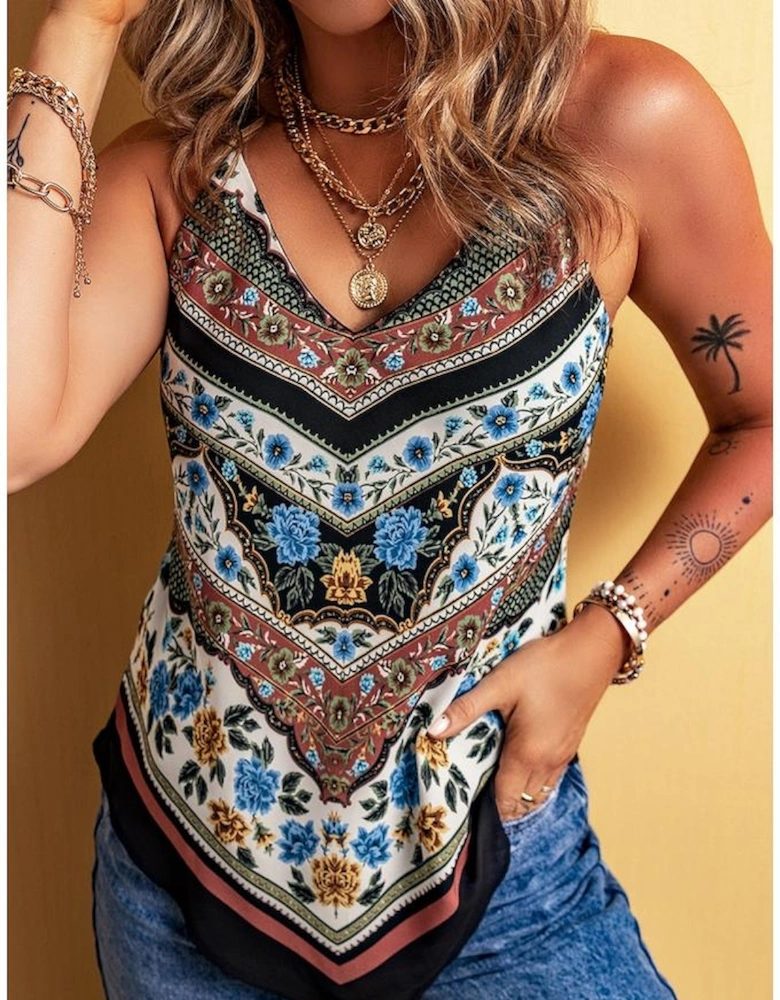 Red Mixed Floral Chevron Pattern Dip Hem Spaghetti Straps Tank