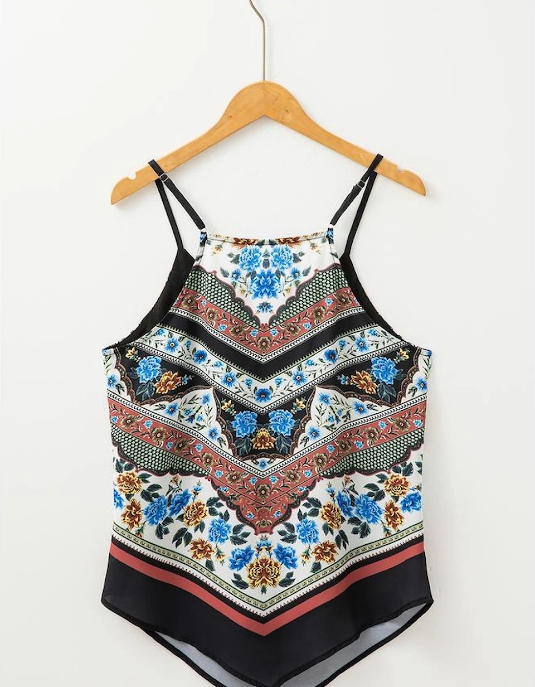 Red Mixed Floral Chevron Pattern Dip Hem Spaghetti Straps Tank