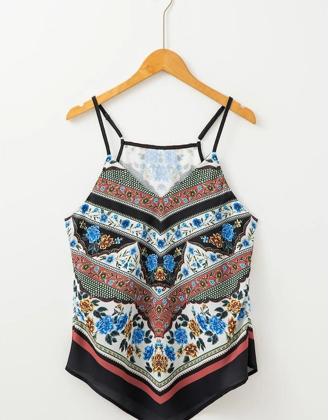 Red Mixed Floral Chevron Pattern Dip Hem Spaghetti Straps Tank