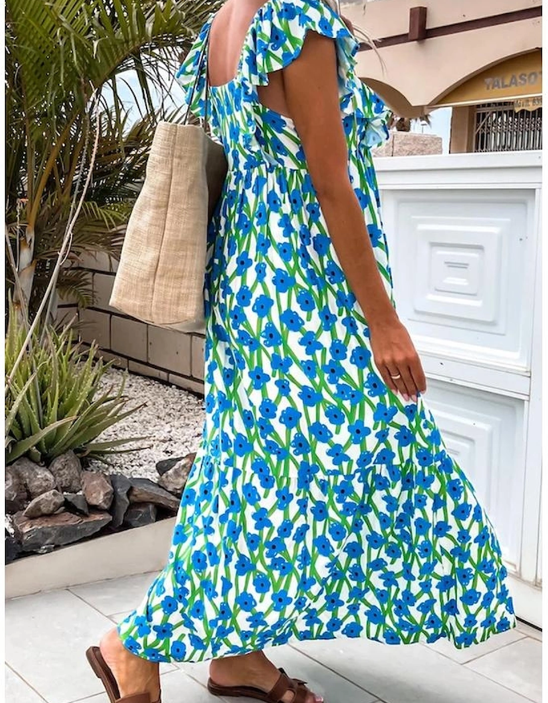 Blue Floral Print Square Neck Ruffled Strap Maxi Dress, 7 of 6