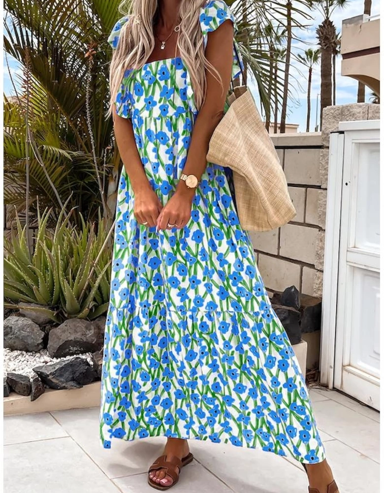 Blue Floral Print Square Neck Ruffled Strap Maxi Dress