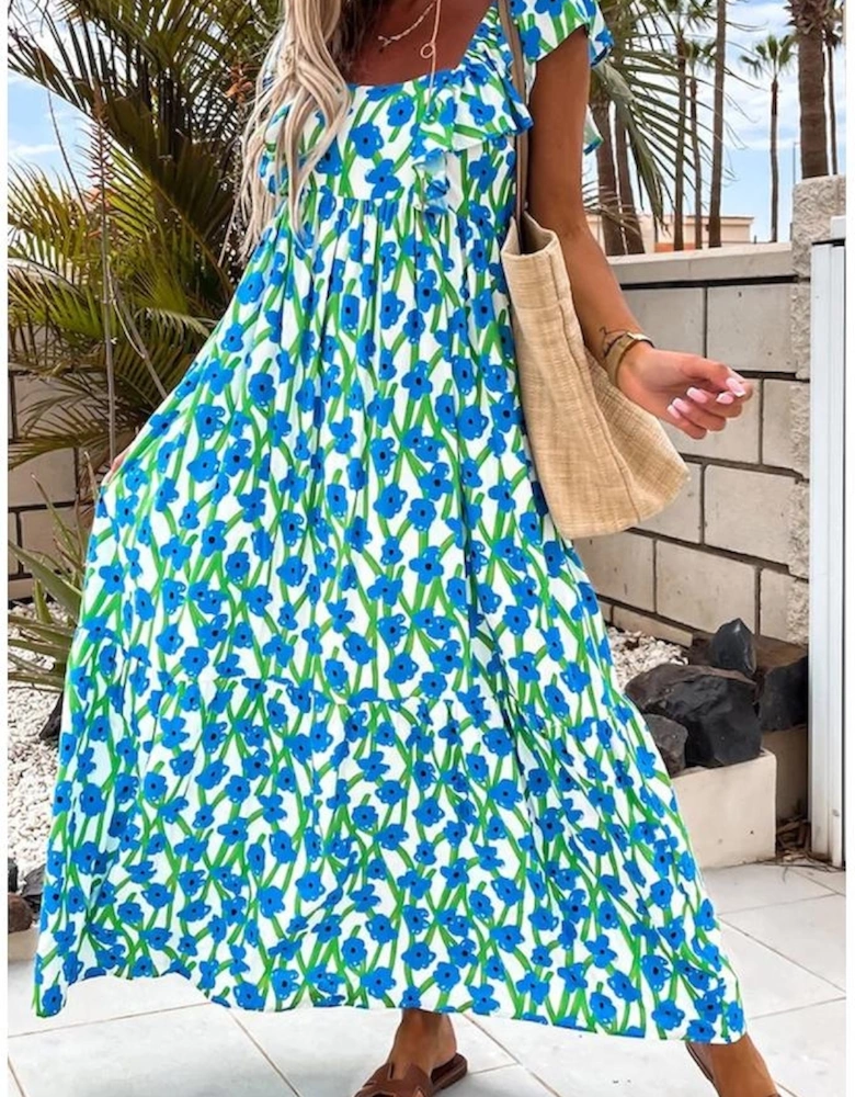 Blue Floral Print Square Neck Ruffled Strap Maxi Dress