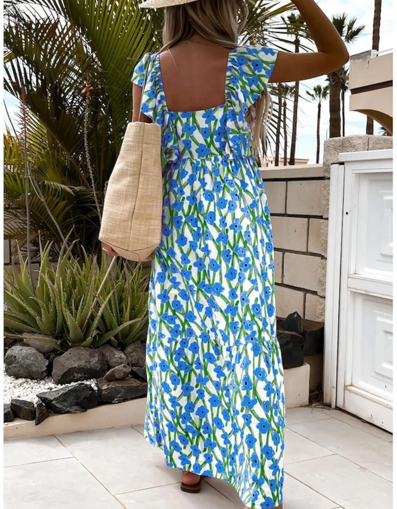 Blue Floral Print Square Neck Ruffled Strap Maxi Dress