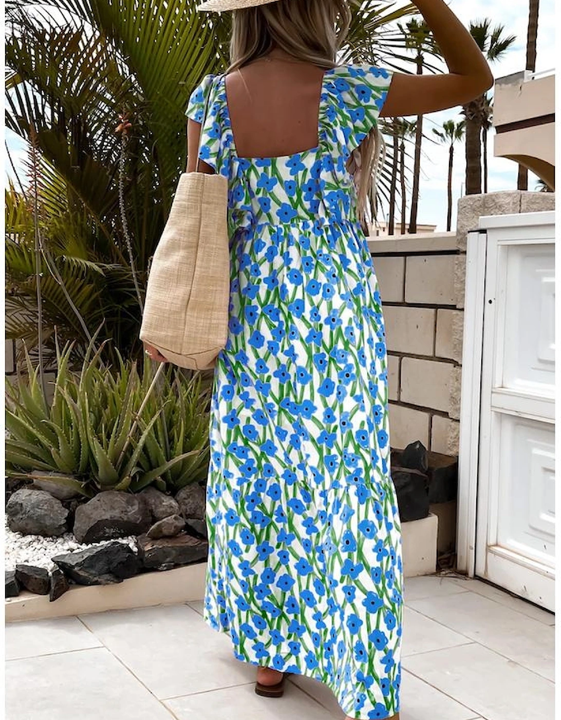 Blue Floral Print Square Neck Ruffled Strap Maxi Dress