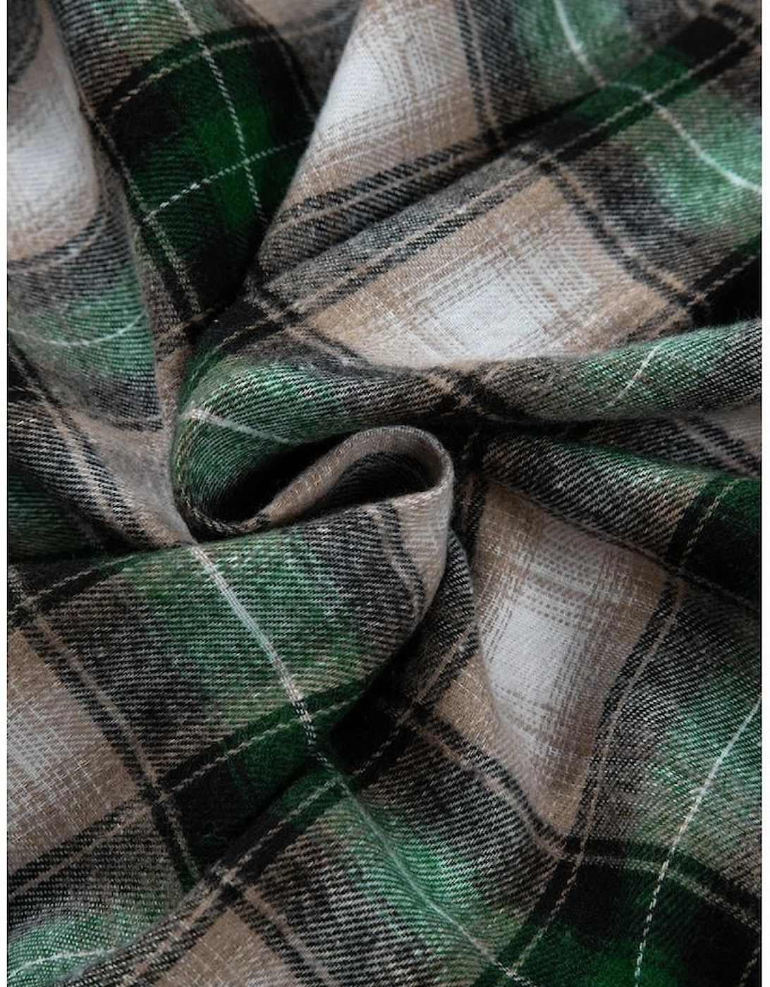 Green Plaid Print Chest Pocket Buttoned Hooded Shacket