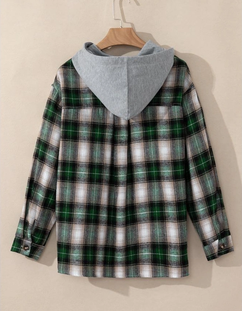 Green Plaid Print Chest Pocket Buttoned Hooded Shacket