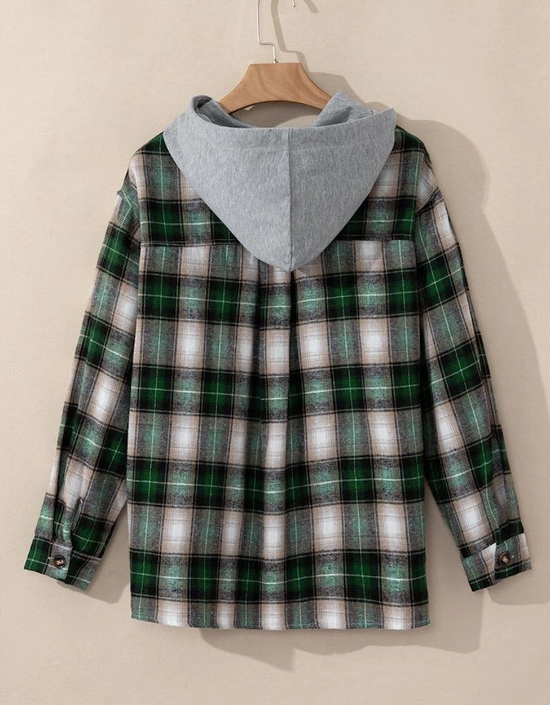 Green Plaid Print Chest Pocket Buttoned Hooded Shacket