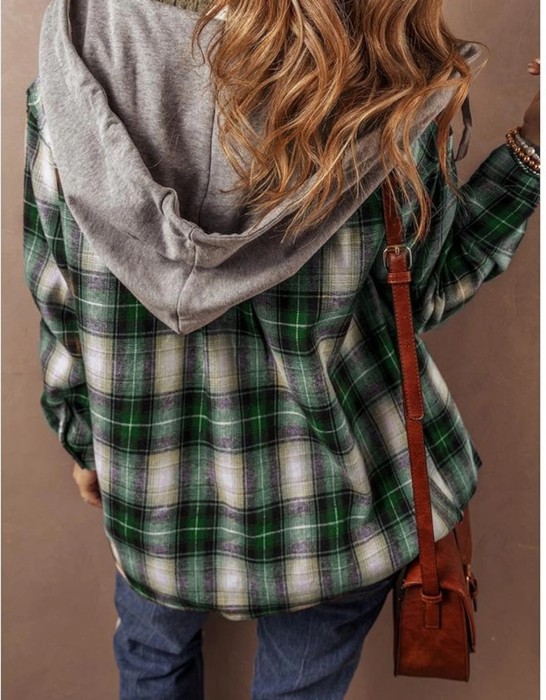 Green Plaid Print Chest Pocket Buttoned Hooded Shacket