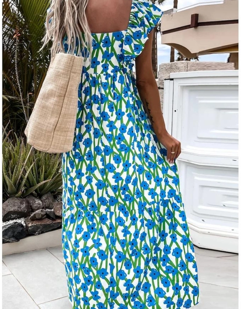 Blue Floral Print Square Neck Ruffled Strap Maxi Dress