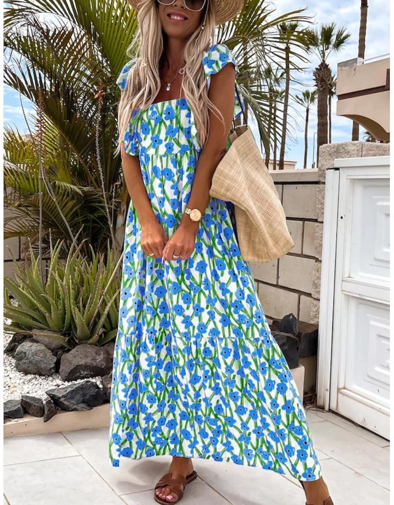 Blue Floral Print Square Neck Ruffled Strap Maxi Dress