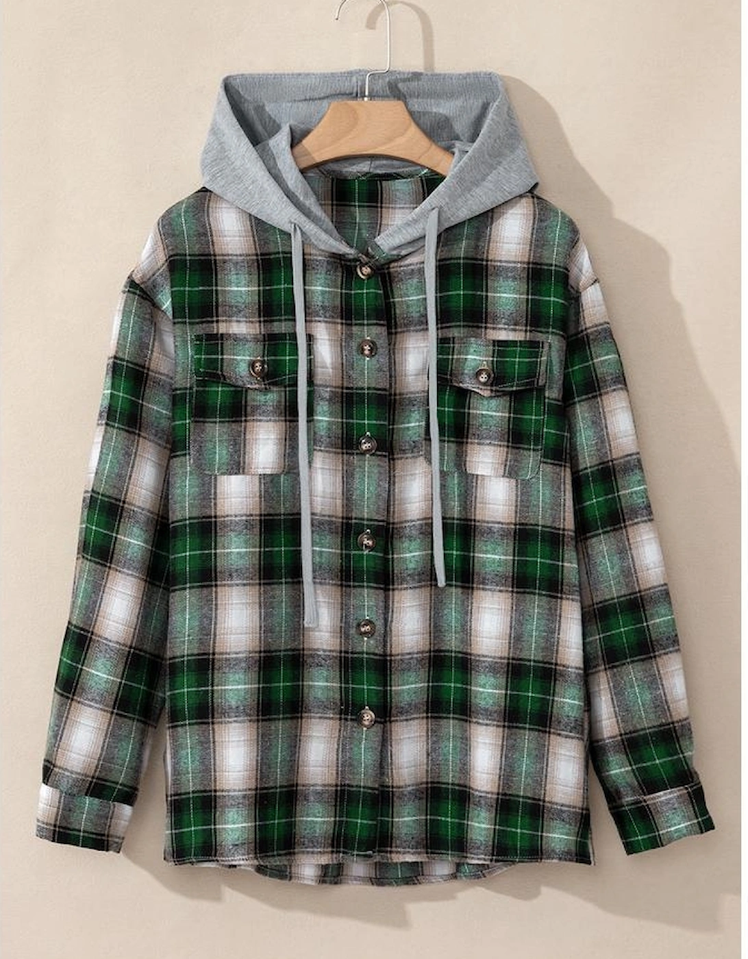 Green Plaid Print Chest Pocket Buttoned Hooded Shacket