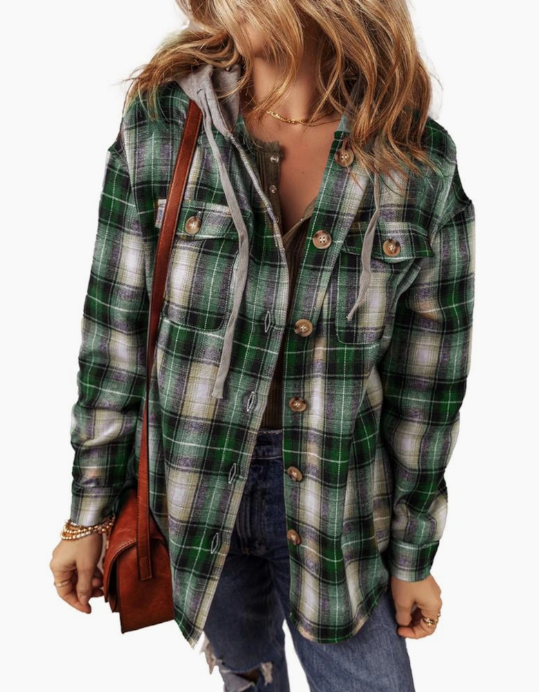 Green Plaid Print Chest Pocket Buttoned Hooded Shacket