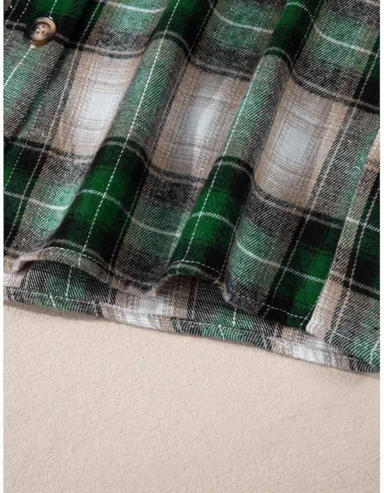 Green Plaid Print Chest Pocket Buttoned Hooded Shacket
