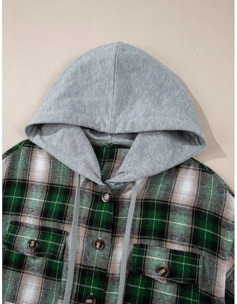 Green Plaid Print Chest Pocket Buttoned Hooded Shacket