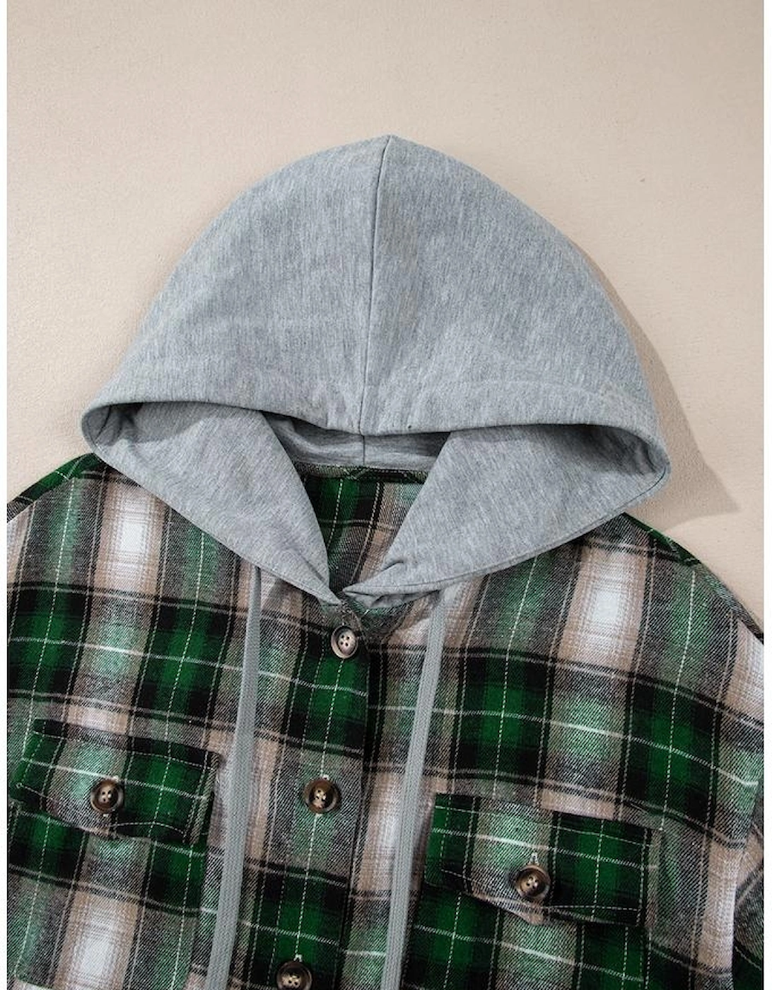 Green Plaid Print Chest Pocket Buttoned Hooded Shacket
