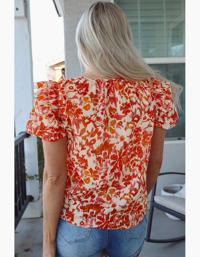Orange Floral Print Ruffled Short Puff Sleeve Split Neck Blouse