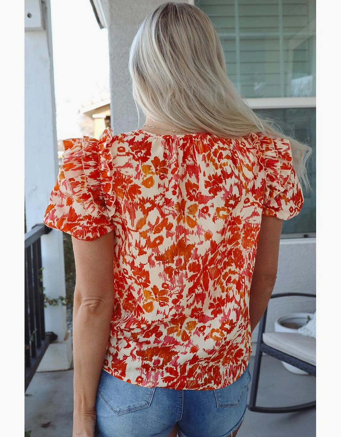 Orange Floral Print Ruffled Short Puff Sleeve Split Neck Blouse, 15 of 14